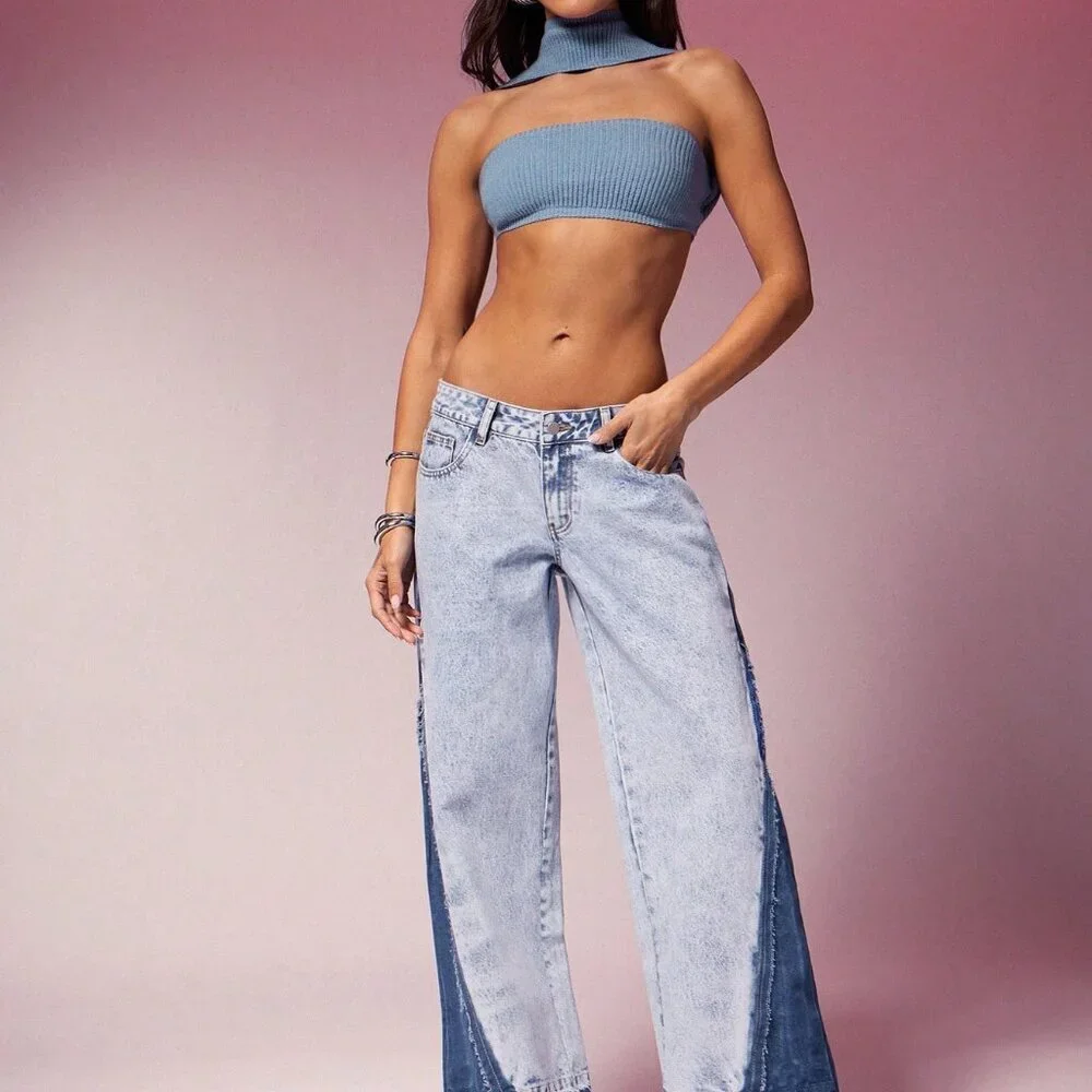 Multicolor Casual Women's Wide Leg Colorblock Jeans